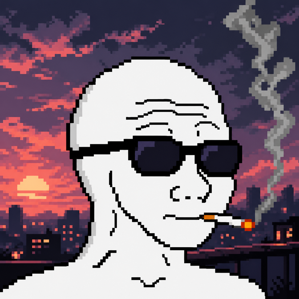 Pixel art Wojak wearing sunglasses at sunset